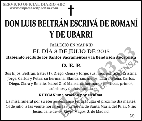 Luis Beltrán Escrivá de Romaní y de Ubarri